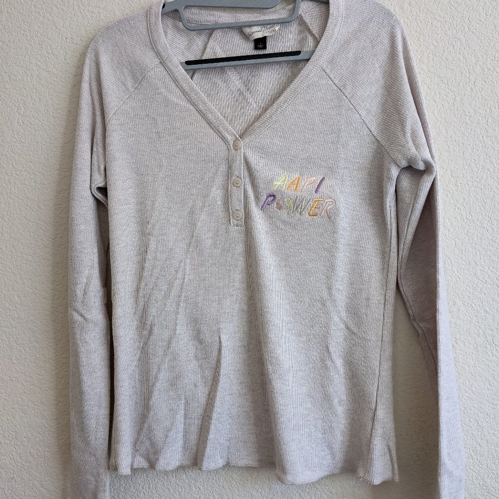 Embroidered AAPI Power Cream White Vneck Henley Sweater Pullover Long Sleeve Top
